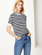 Marks & Spencer Striped Round Neck Short Sleeve Knitted Top Navy Mix