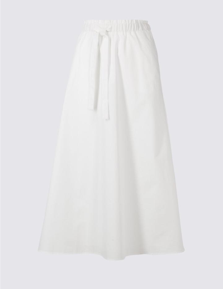 Marks & Spencer Pure Cotton Tie Waist A-line Midi Skirt Soft White