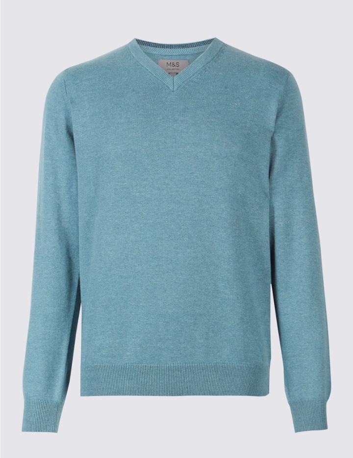 Marks & Spencer Pure Cotton V-neck Jumper Smokey Blue