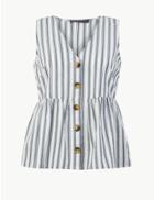 Marks & Spencer Pure Cotton Striped Button Detailed Blouse Blue Mix