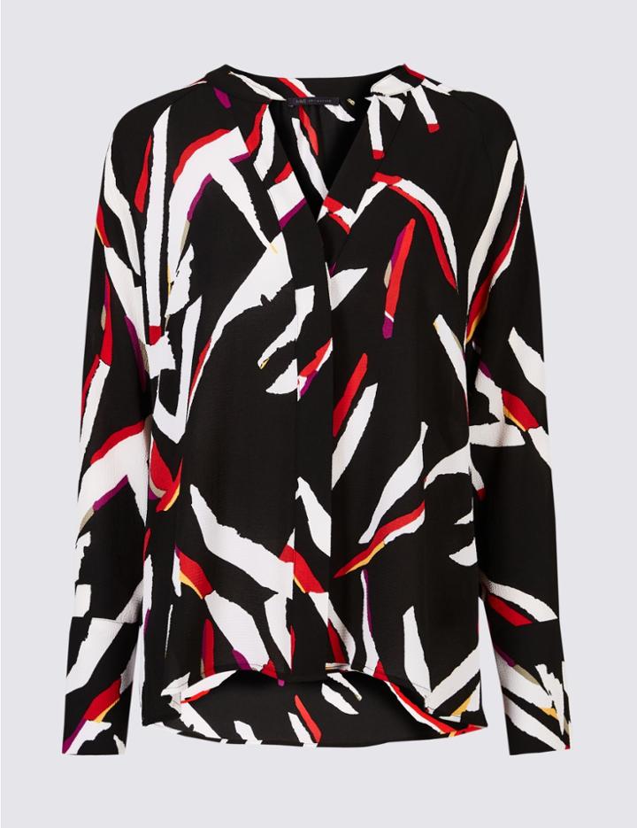 Marks & Spencer Printed Dipped Hem V-neck Long Sleeve Shirt Black Mix
