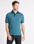 Marks & Spencer Pure Cotton Striped Polo Shirt Slate Blue