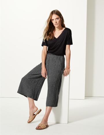 Marks & Spencer Printed Wide Leg Cropped Flared Trousers Black