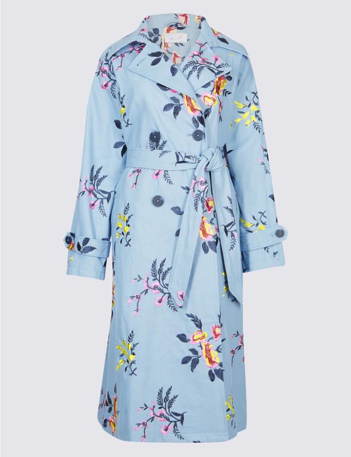 Marks & Spencer Pure Cotton Embroidered Trench Coat Blue Mix
