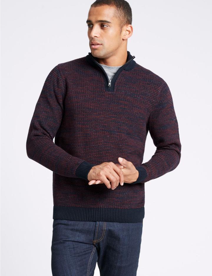Marks & Spencer Pure Cotton Textured Half Zip Jumper Burgundy Mix