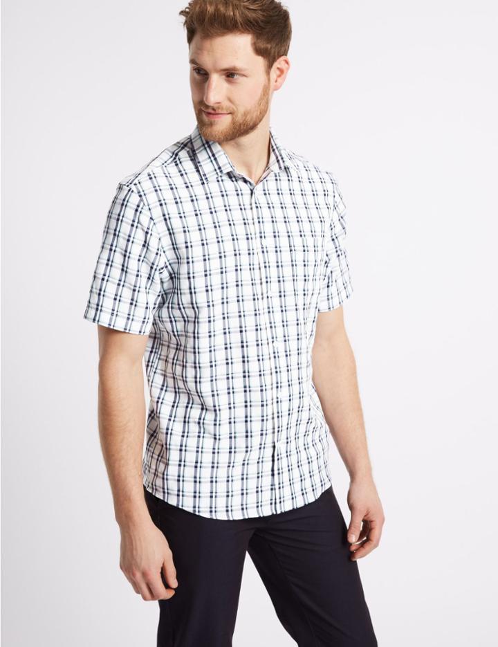 Marks & Spencer Modal Rich Checked Shirt With Pocket Soft Turquoise