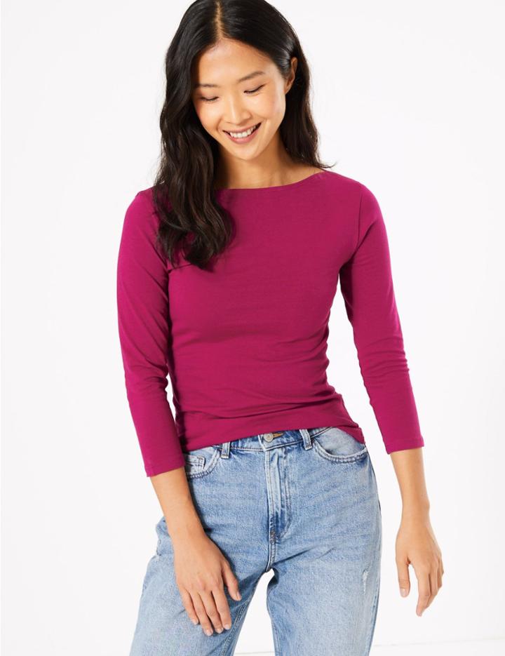 Marks & Spencer Cotton Rich Slash Neck Fitted T-shirt Magenta
