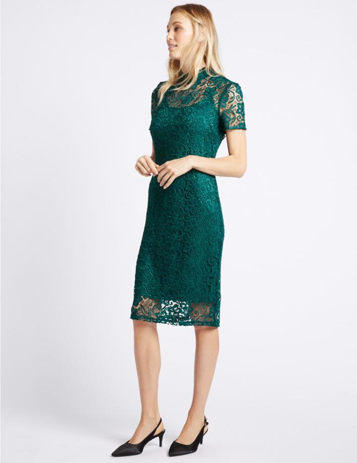 Marks & Spencer Floral Lace Short Sleeve Bodycon Dress Navy