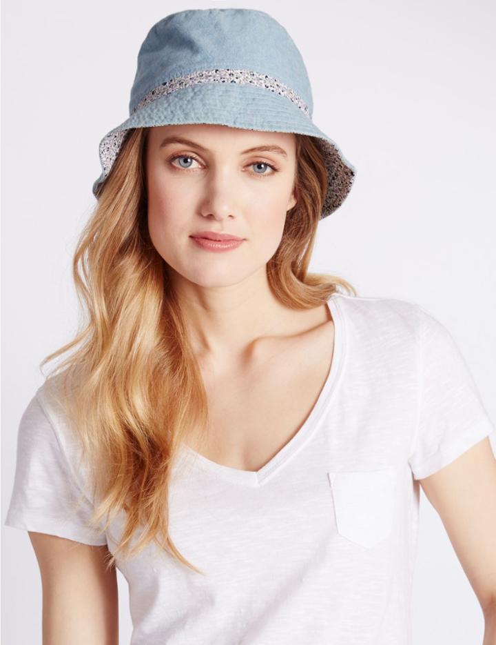 Marks & Spencer Pure Cotton Reversible Floral Trim Hat Blue Mix