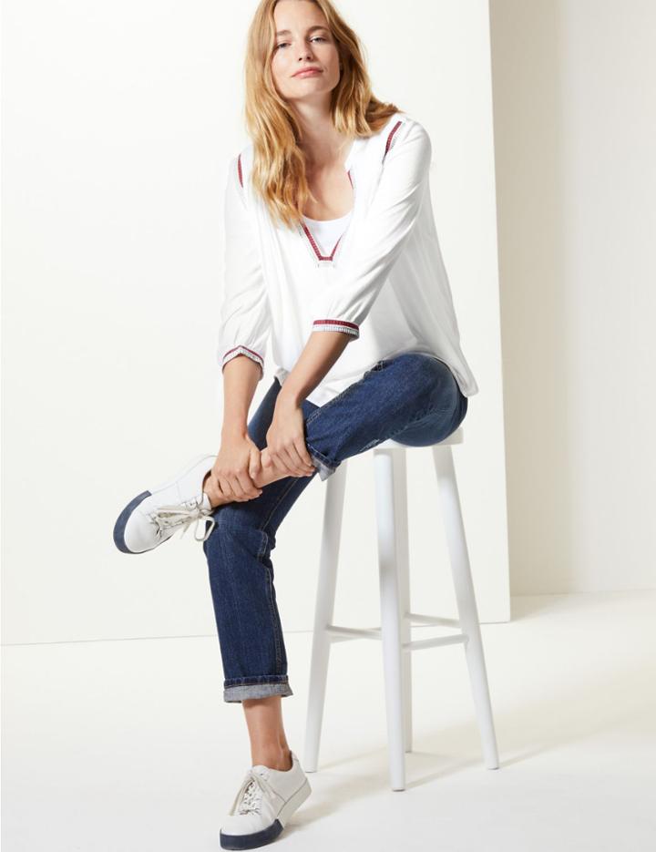 Marks & Spencer Notch Neck 3/4 Sleeve Blouse Cream