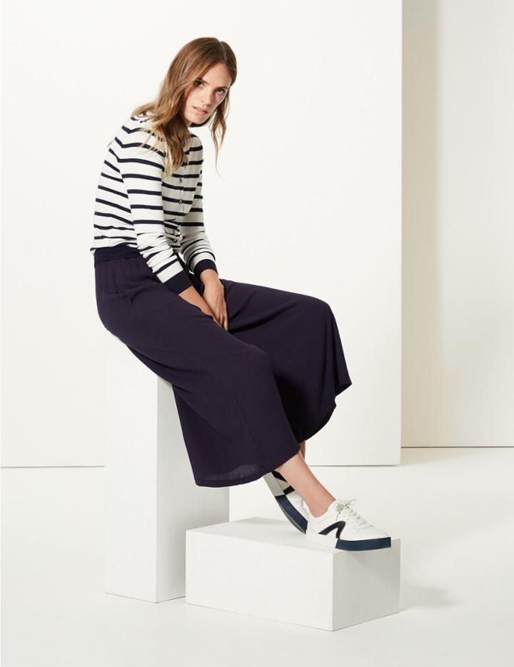 Marks & Spencer Wide Leg Cropped Flared Trousers Navy