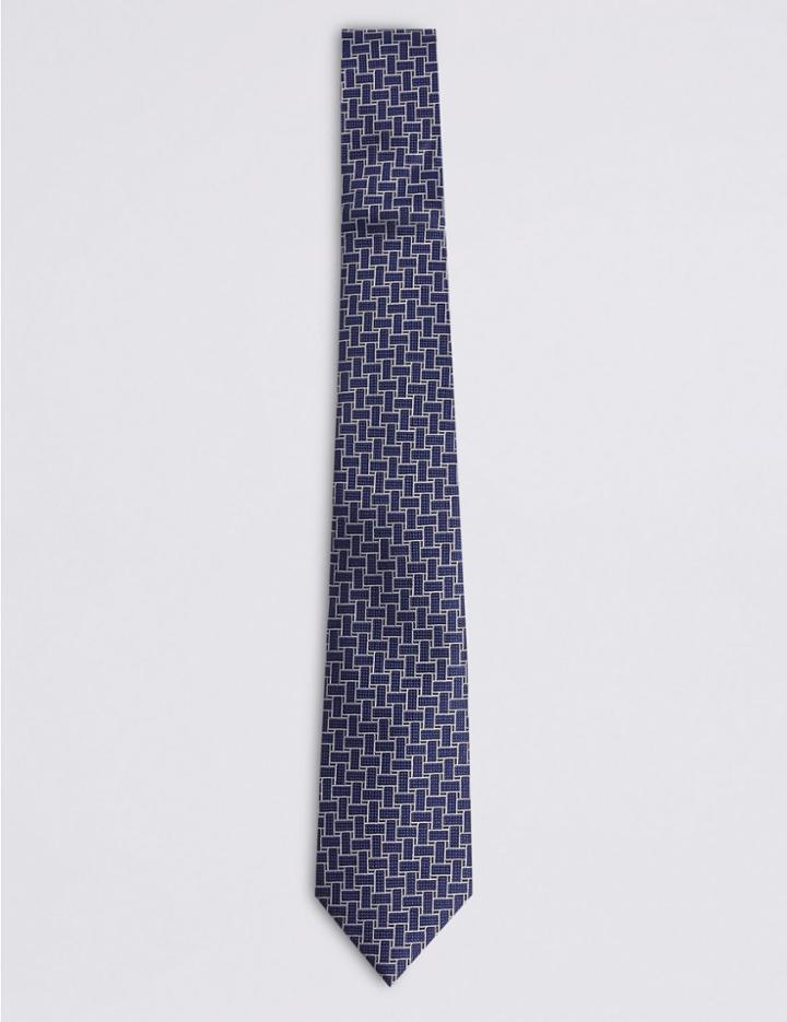 Marks & Spencer Pure Silk Lattice Tie Navy Mix