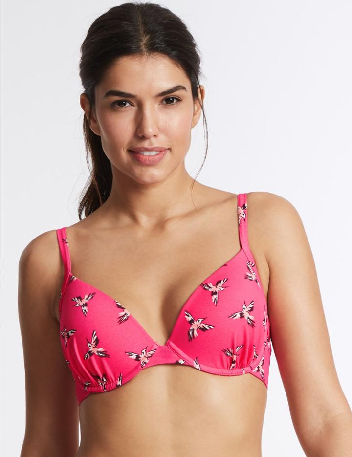 Marks & Spencer Bird Print Plunge Bikini Top B-e Pink Mix