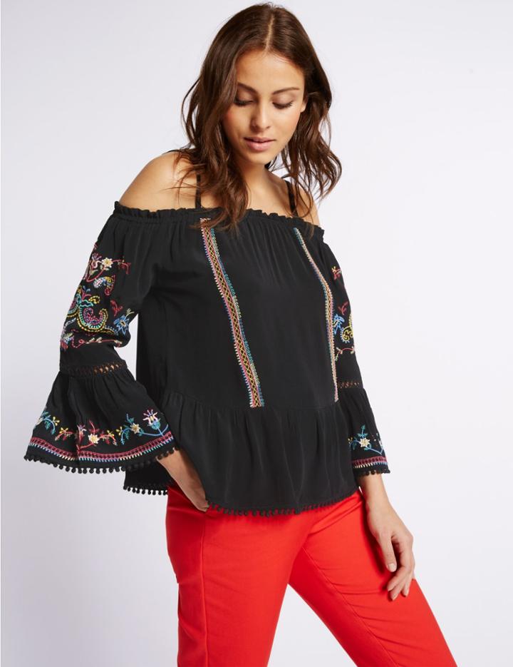 Marks & Spencer Embroidered Cold Shoulder Bardot Blouse Black Mix
