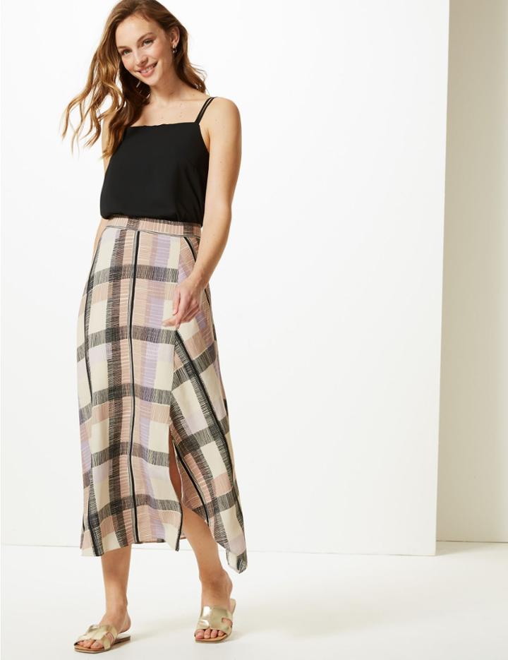 Marks & Spencer Checked Asymmetric Midi Skirt Navy Mix