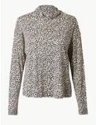 Marks & Spencer Animal Print Funnel Neck Long Sleeve Top Ivory Mix