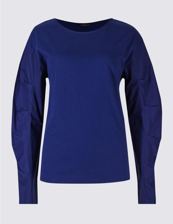 Marks & Spencer Pure Cotton Poplin Ruched Sleeve T-shirt Rich Blue