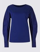 Marks & Spencer Pure Cotton Poplin Ruched Sleeve T-shirt Rich Blue