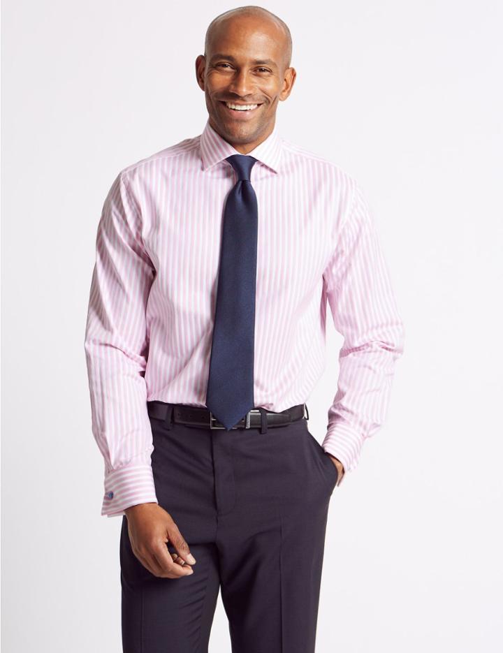 Marks & Spencer 2in Longer Pure Cotton Easy To Iron Shirt Pink Mix