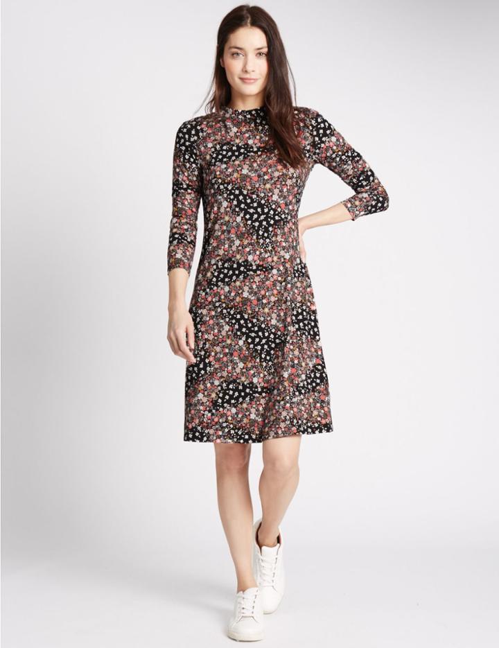 Marks & Spencer Floral Print Long Sleeve Swing Dress Pink Mix