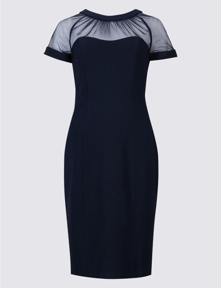 Marks & Spencer Mesh Yoke Short Sleeve Bodycon Dress Navy