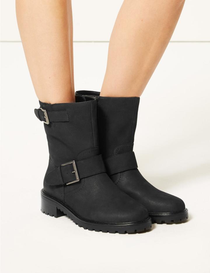 Marks & Spencer Wide Fit Leather Biker Ankle Boots Black