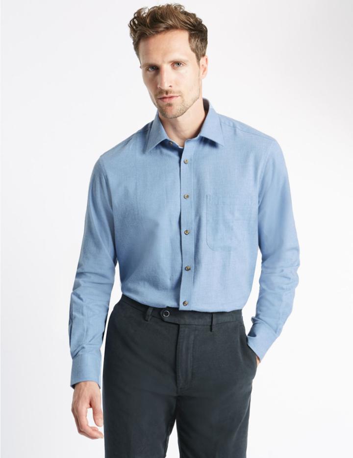 Marks & Spencer Pure Cotton Twill Shirt Mid Blue