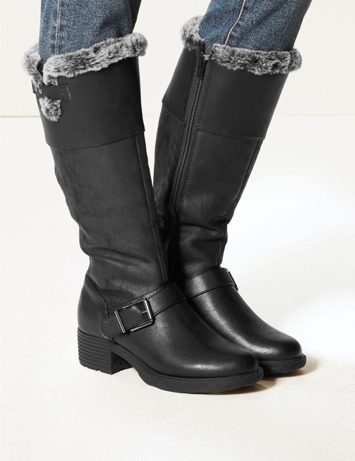 Marks & Spencer Faux Fur Buckle Knee Boots Black