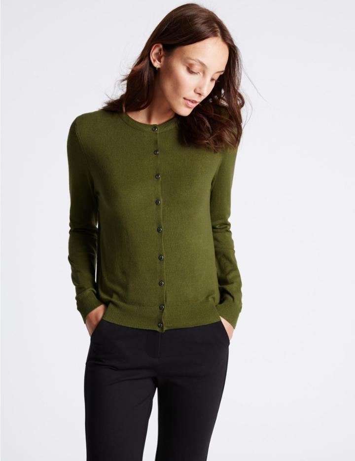 Marks & Spencer Ribbed Round Neck Cardigan Evergreen