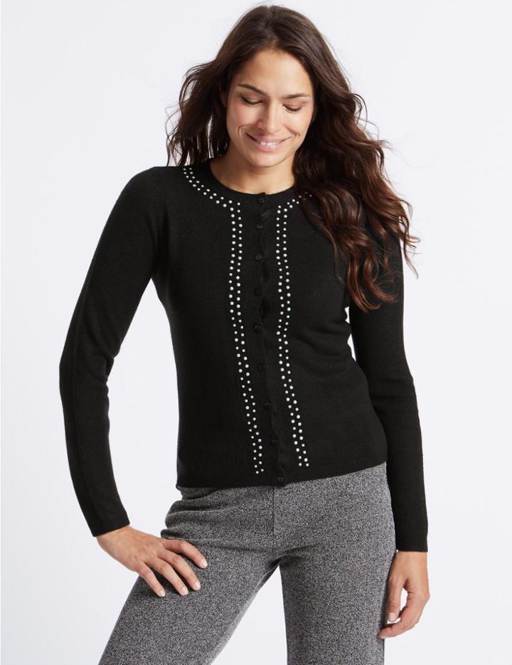 Marks & Spencer Embellished Round Neck Beaded Cardigan Black Mix