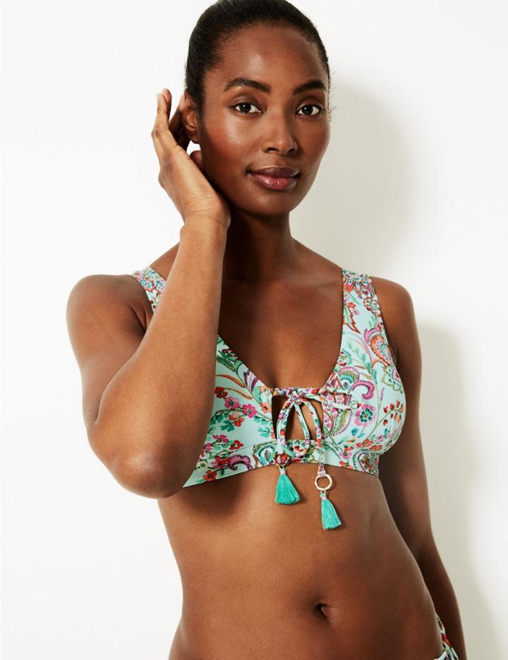 Marks & Spencer Paisley Print Plunge Bikini Top Green Mix