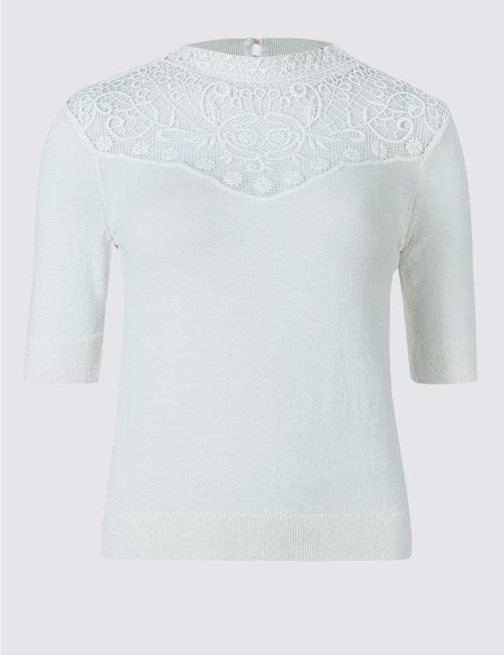Marks & Spencer Cotton Blend Lace Crochet Round Neck Jumper Ivory