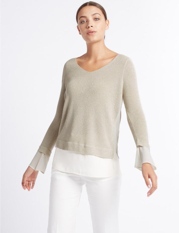 Marks & Spencer Double Layered Hem Sparkly V-neck Jumper Gold Mix