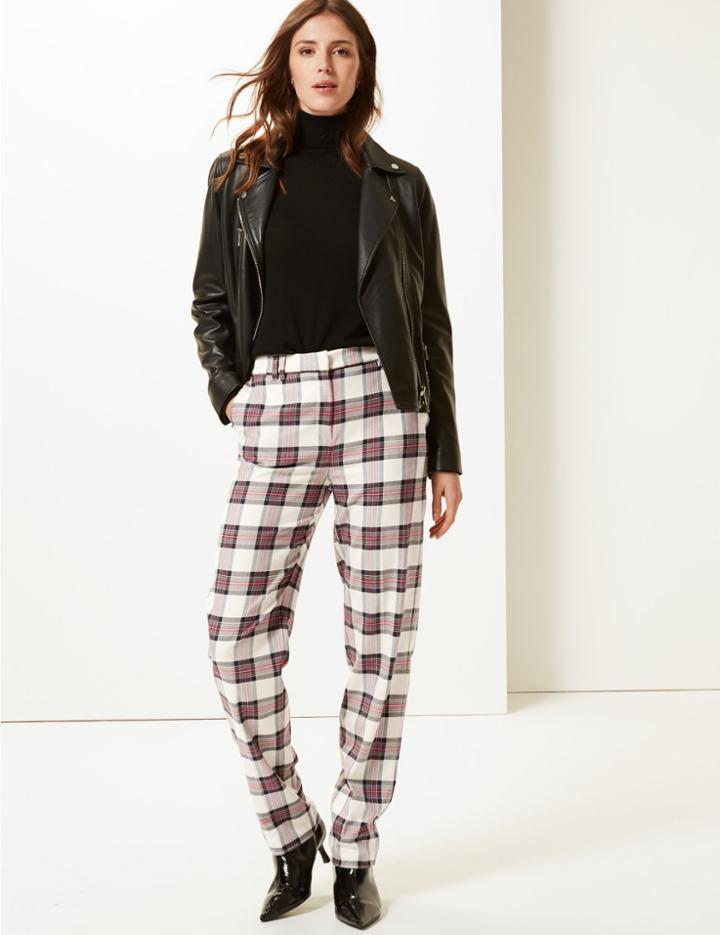 Marks & Spencer Relaxed Straight Leg Checked Trouser Cream Mix