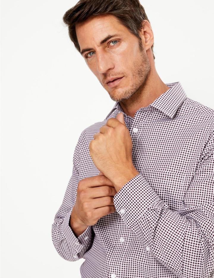 Marks & Spencer Regular Fit Checked Non-iron Shirt Burgundy Mix