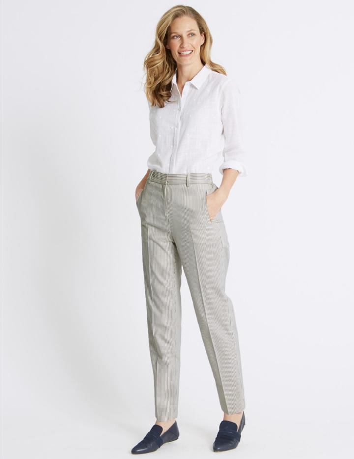 Marks & Spencer Cotton Blend Striped Straight Leg Trousers White Mix
