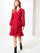 Marks & Spencer Spotted Dobby Long Sleeve Wrap Dress Cranberry