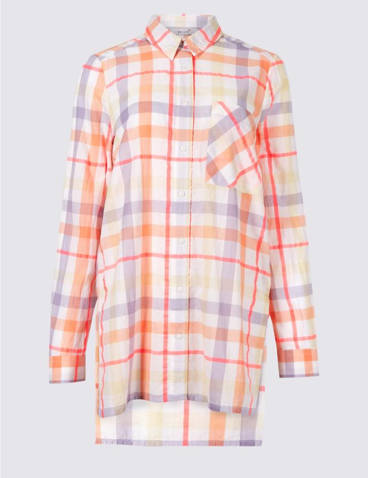 Marks & Spencer Cotton Rich Checked Long Sleeve Shirt White Mix
