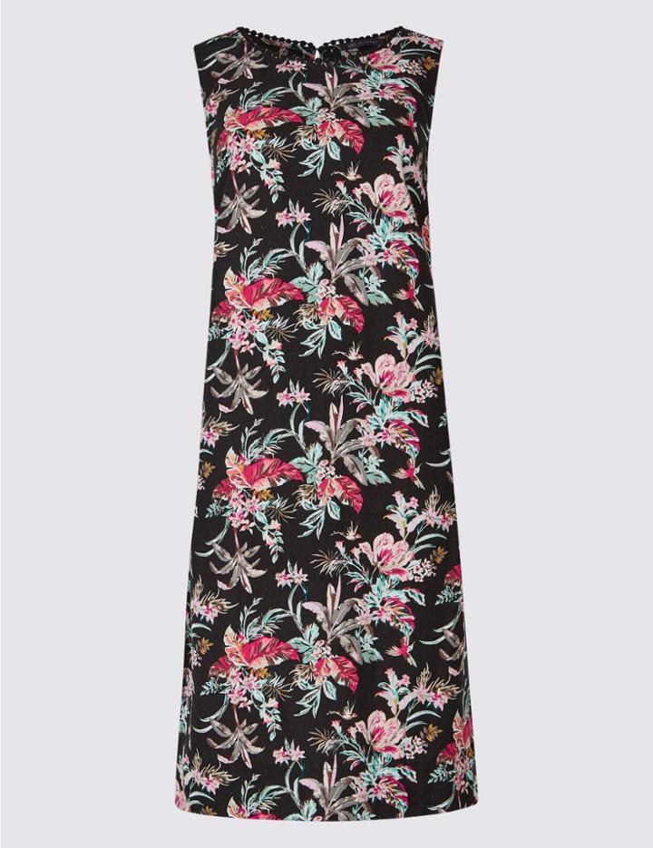 Marks & Spencer Linen Blend Printed Tunic Dress Black Mix