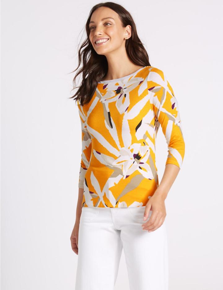 Marks & Spencer Floral Print Slash Neck 3/4 Sleeve Top Yellow Mix