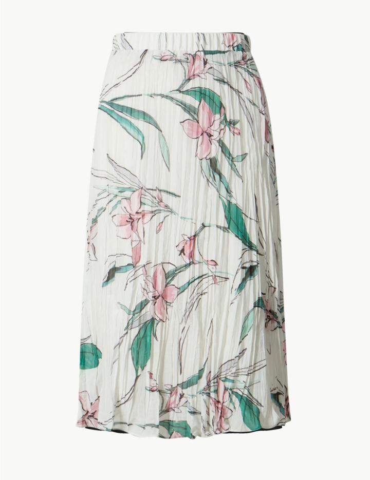 Marks & Spencer Floral Print Midi A-line Skirt Ivory Mix