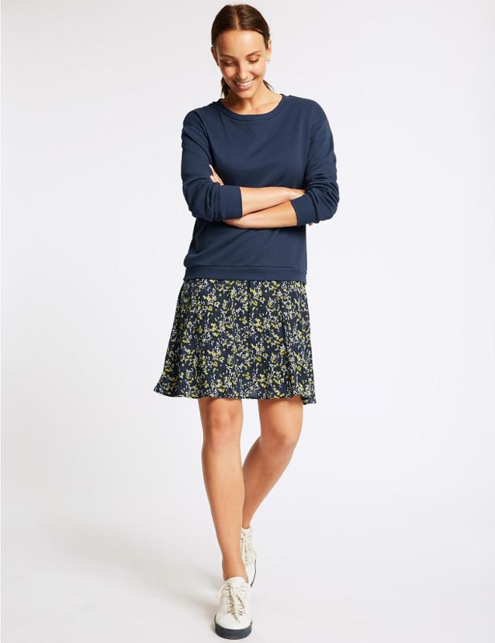 Marks & Spencer Cotton Rich Printed Drop Waist Dress Navy Mix