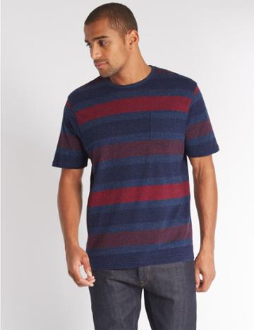 Marks & Spencer Pure Cotton Striped Crew Neck T-shirt Denim Mix