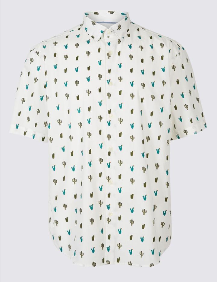 Marks & Spencer Pure Cotton Cactus Print Shirt White Mix