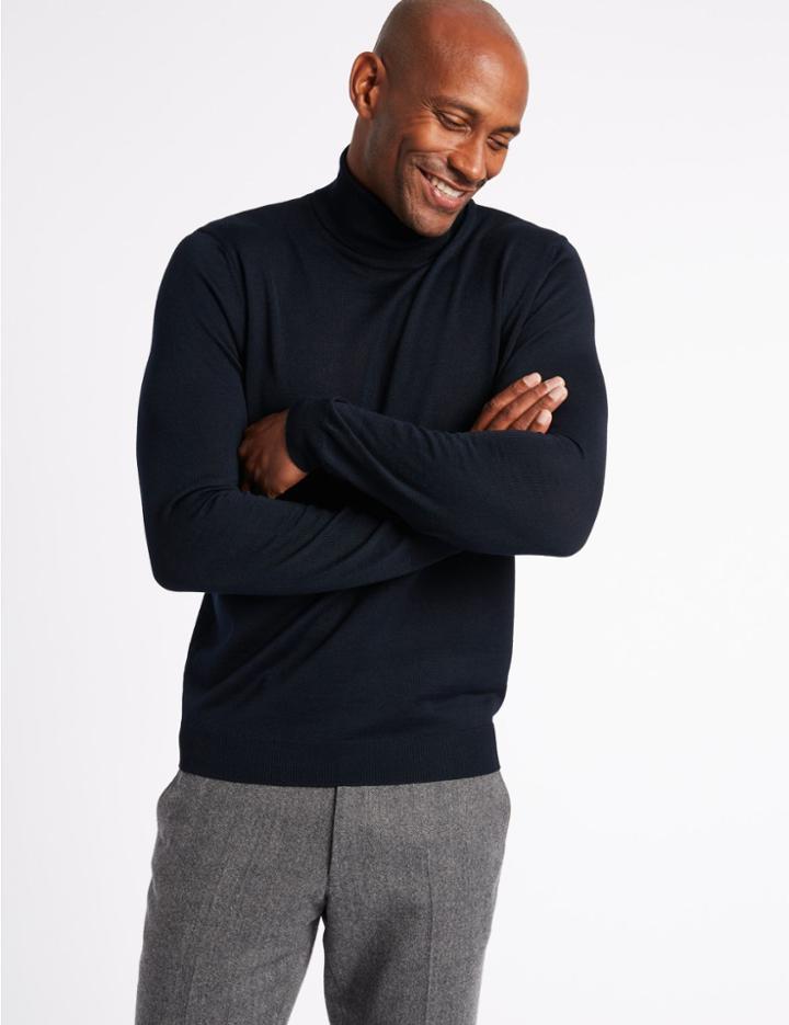 Marks & Spencer Merino Wool Blend Roll Neck Jumper Midnight