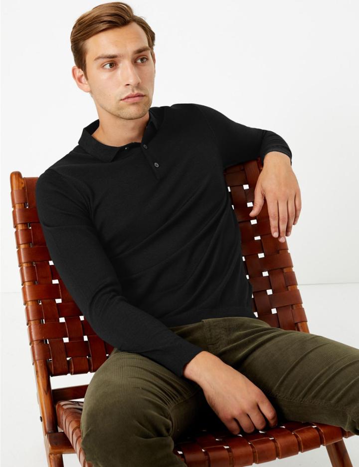 Marks & Spencer Merino Wool Polo Short Black