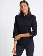 Marks & Spencer Cotton Rich Spotted Split 3/4 Sleeve Shirt Navy Mix