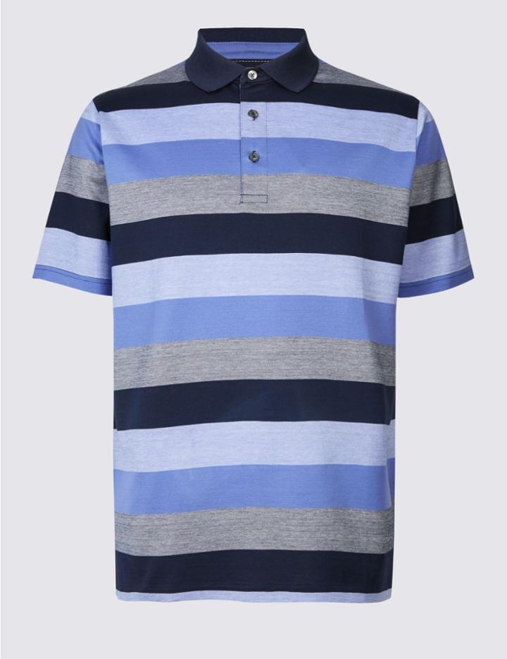 Marks & Spencer Pure Cotton Striped Polo Shirt Purple Mix