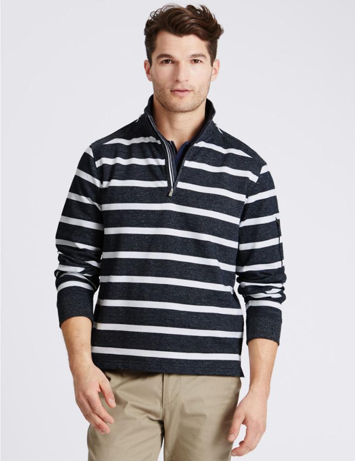 Marks & Spencer Cotton Rich Striped Rugby Top Navy Mix