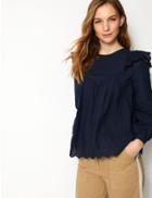 Marks & Spencer Pure Cotton Embroidered Long Sleeve Blouse Navy